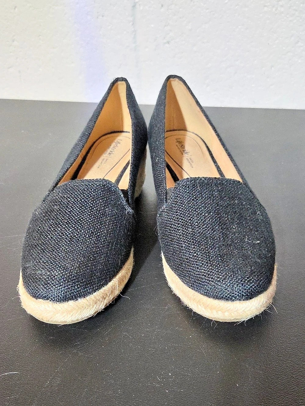 LifeStride Kimball Espadrille Wedge Shoes Black & Beige US 8